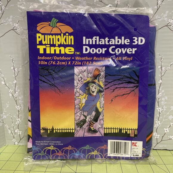 Vintage Halloween Crashing Witch 3-D Vinyl Inflatable Door Cover 30"X 72" - Picture 1 of 6